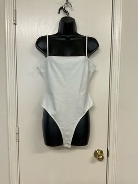 Shinestar White Square-Neck Spaghetti Strap Bodysuit Top